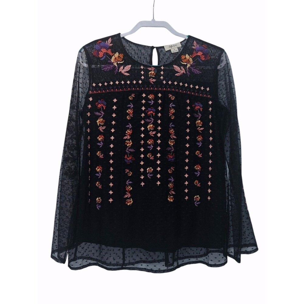 Floral Whimsigoth Fairy Embroidered Blouse Top S Small Black Sheer Bell Sleeve